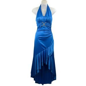Y2K TABOO USA blue bling buckle ruffle halter dress